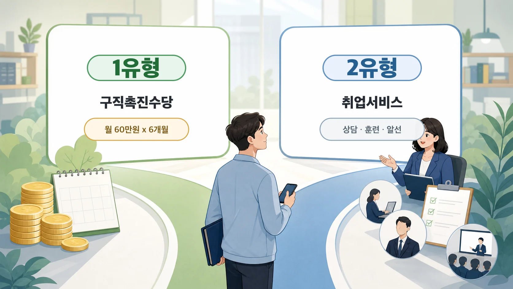 국민취업지원제도 1유형·2유형 비교 일러스트 — 왼쪽은 구직촉진수당(1유형), 오른쪽은 취업서비스(2유형)